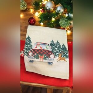 Christmas Burlap Table Runner Vintage Car With Santa, New